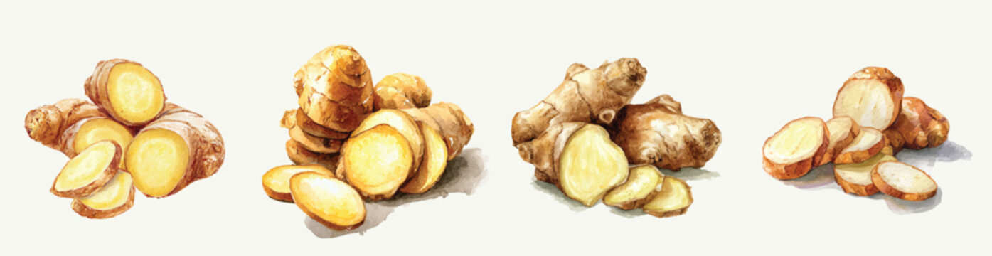 Simple Design drawing, Beautiful sliced ginger root set painting design set. Hand-painted style, vectorized, vector set available in EPS. Adobe Illustrator Artwork