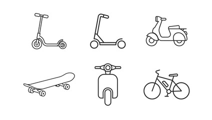 Scooter and bicycle icon set with skateboard and urban mobility outline collection © Ira