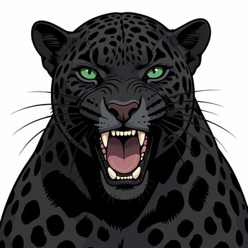 Black Leopard Roaring with Green Eyes Close-up Illustration