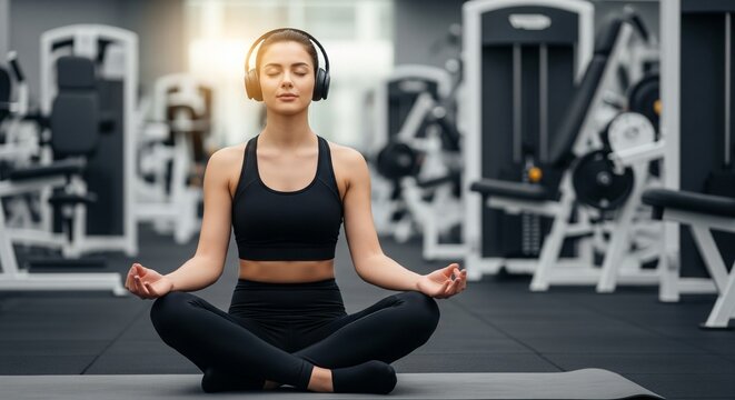 Focused woman meditating on floor of gym with eyes closed.