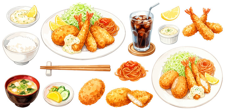 ミックスフライ定食の洋食ランチセット素材｜エビフライとクリームコロッケ イラスト タルタルソース