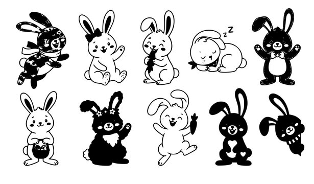 Cute cartoon rabbit vector illustration set with playful bunny characters isolated on white background