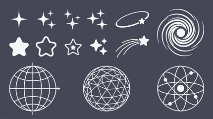 White celestial space and science elements collection featuring twinkling stars comets a galaxy swirl global grids and atomic orbit vector illustration © Abul