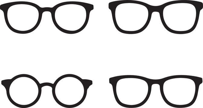 Four black frame eyeglass with different lens shapes on a white background, for optical, fashion, and vision related