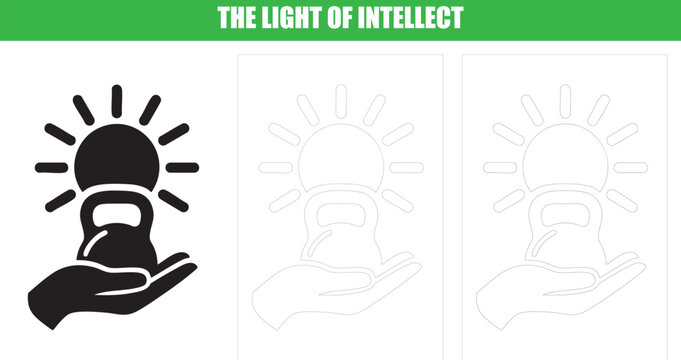 Intellect concept icon with glowing sun light rays and book knowledge symbol.