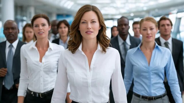 Diverse Professional Team Walking Forward: A group of well-dressed business professionals of diverse backgrounds confidently walk forward together, exuding determination and ambition.