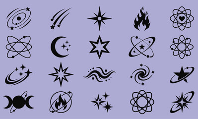 Mystical celestial space elements collection with cosmic stars galaxy orbits crescent moon atomic science and alchemy icons flat glyph vector illustration © Abul