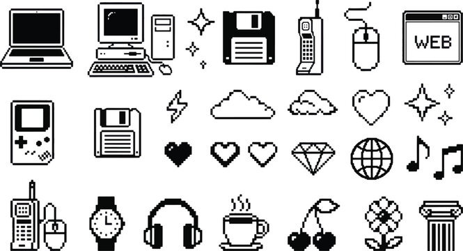 Retro 8 bit pixel art icon set featuring vintage computer tech gaming gear internet web browser and lifestyle elements vector illustration
