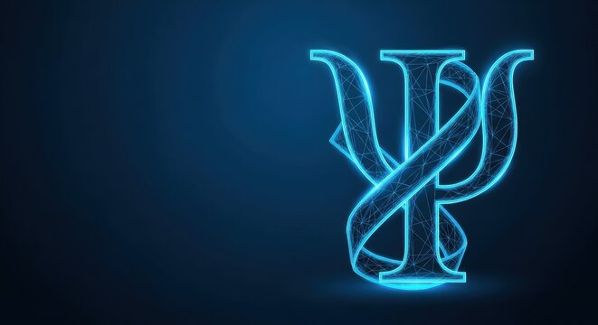 The glowing blue Psi symbol, representing psychology and mental health, illuminated against a dark digital backdrop