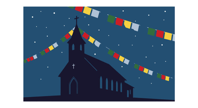 Silhouette of a Church Under a Starry Night Sky with Prayer Flags.