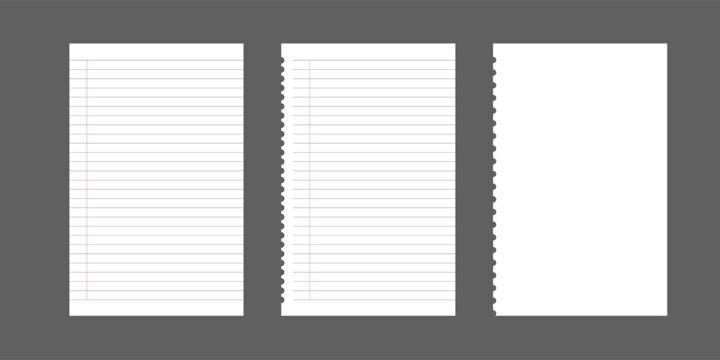 Collection of various white papers for your text. Blank pages of a notebook with margins isolated on gray background. Realistic square vector illustration.