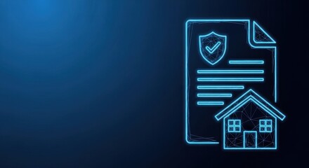 Naklejka premium Digital Home Insurance Policy with Shield and House Icons on Blue Gradient Background