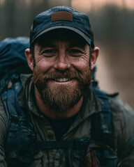 Fototapeta premium Bearded man in outdoor gear and cap smiles confidently, carrying a large backpack, suggesting an adventurous hiking or camping trip in a natural setting.