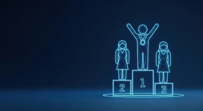 Digital neon figures on a victory podium, celebrating first and second place in a competition.