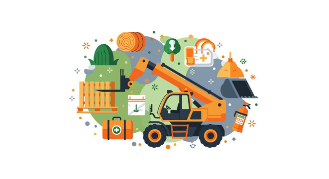 Flat Vector Illustration of an Orange Telehandler with Farming, Construction Equipment, and Safety Gear