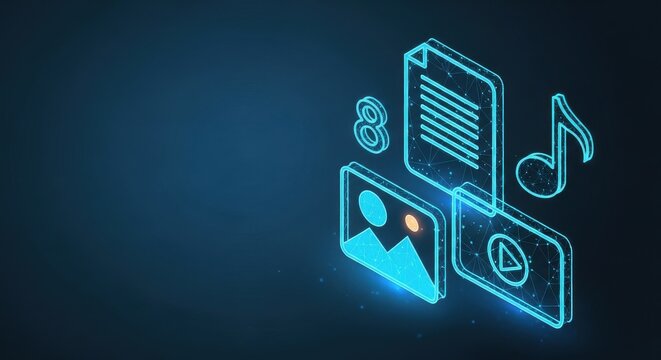 Digital Information Icons representing data, documents, and media organized on a dark blue technological background