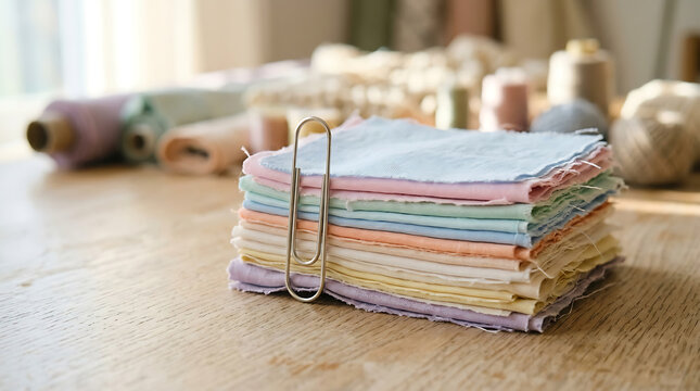 Paperclip holding a stack of pastel fabric swatches on a wooden surface, showcasing crafting materials.