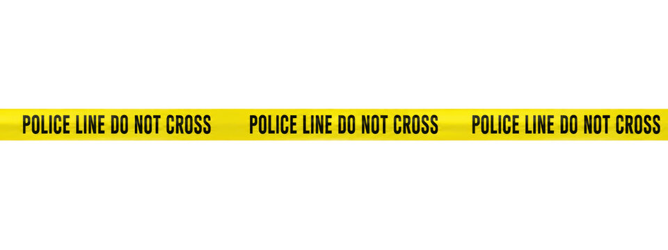 Yellow police line tape with "Police Line Do Not Cross" warning text isolated on a clean background, crime scene barrier concept for law enforcement, public safety, security investigation, restricted 