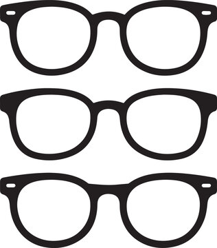 Three identical black frame eyeglass with a classic shape on a white background, for optical, fashion, and vision related
