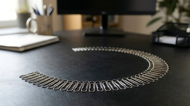 Silver paperclips arranged in a smooth arc on a dark desk surface with a monitor in the blurred background