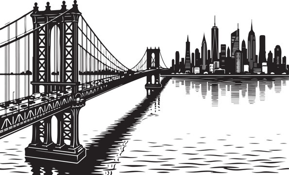 Black and white, Brooklyn Bridge, New York City skyline, vector illustration, urban landscape