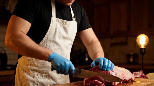Butcher cuts raw beef meat on wooden cutting board with knife. Chef slices beef in kitchen wearing apron. Butcher with gloves cuts meat on board. Raw beef cutting by butcher with knife in shop.