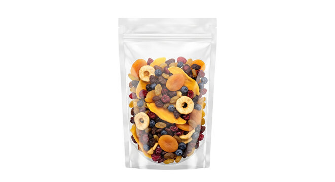 Mixed dried fruits and berries in clear zipper pouch