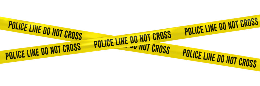 Crossed yellow police line tape with &ldquo;Do Not Cross&rdquo; warning text isolated on a clean background, symbolizing crime scene security, law enforcement investigation, restricted access, public safety, emer