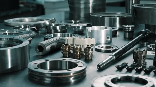 Precision machined metal components arranged on a workshop table, featuring bearings, shafts, flanges, bushings, and threaded parts showcasing manufacturing and engineering.