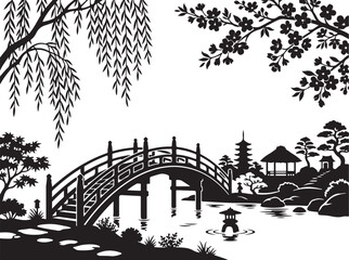 Fototapeta premium Japanese bridge, serene landscape, black silhouette, vector illustration, Asian garden