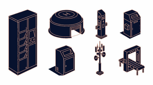 Isometric set of urban infrastructure icons including parcel locker helipad charging station trash bin communication tower and airport security scanner