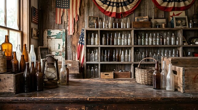 Vintage collection of antique bottles and lantern in rustic general store