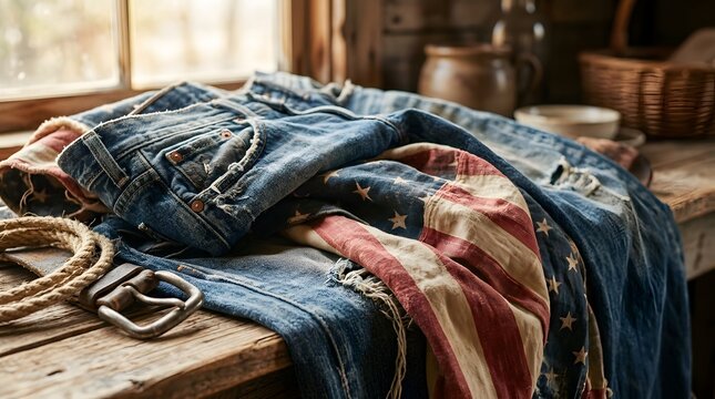 Denim jeans folded with an American flag pattern, with rope and belt buckle
