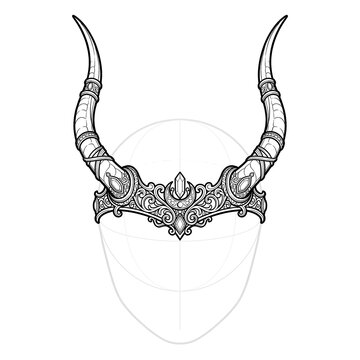 Hand drawn sketch of ornamental slender horns wrapped around a mystical forehead circlet on dummy head, front view.