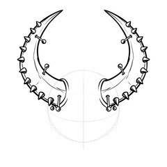 Fototapeta premium Hand drawn sketch of ornamental aggressive horns loaded on dummy head, front view.