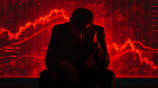 Financial market crash silhouette of a stressed businessman sitting against red glowing digital stock charts motion background video clip