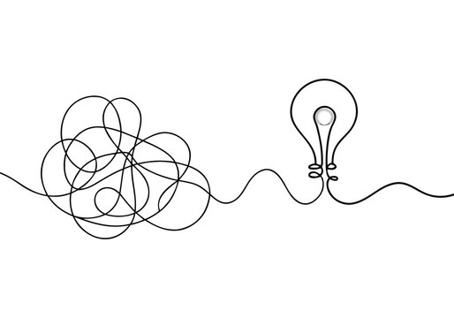 One continuous line drawing of way from chaotic to simplicity and lightbulb. Concept of problem solving and business solutions in simple linear style. Editable stroke. Doodle vector illustration,