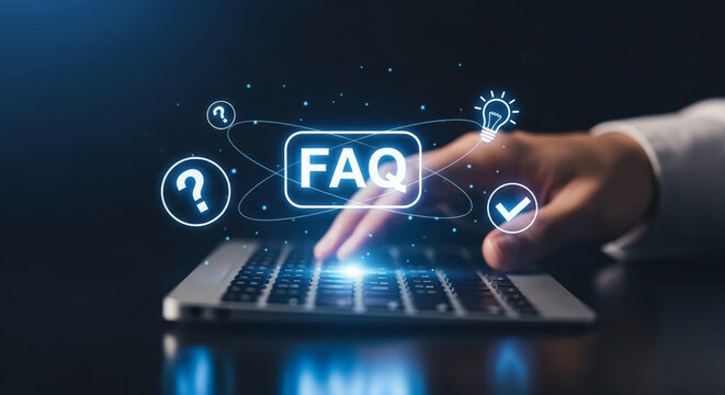 Frequently Asked Questions (FAQ) concept with icons representing solutions, questions, ideas, and checks on a keyboard