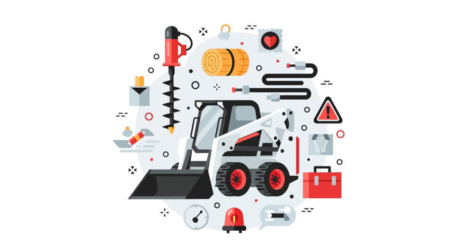 White Compact Skid Steer Loader and Construction Equipment Vector Illustration with Auger Attachment, Toolbox, and Industrial Maintenance Icons