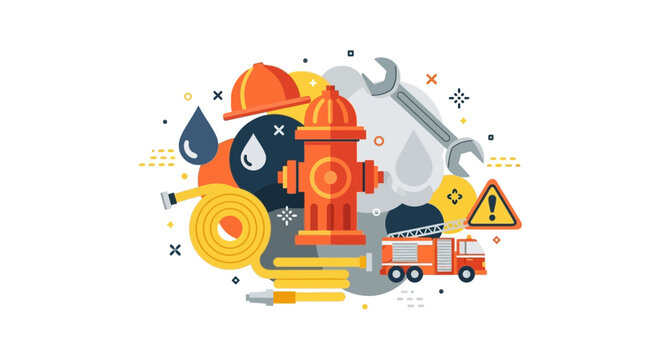 Firefighting and Emergency Safety Equipment Flat Vector Illustration with Hydrant, Truck, and Gear Icons