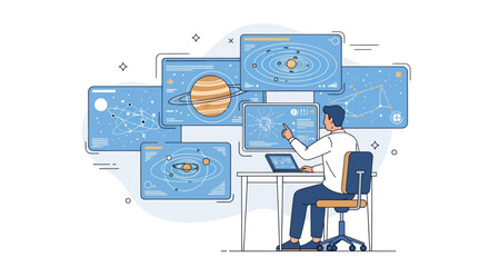 Astronomer Analyzing Space Data on Multiple Screens © Godo