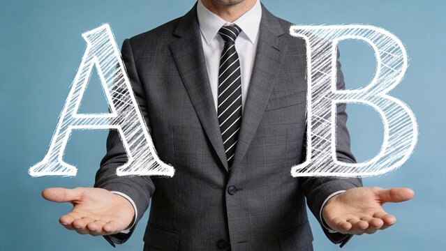 Businessman comparing options A and B for decision making process, split testing concept with hands presenting choices against blue background representing strategy selection