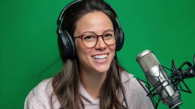 Podcaster in Action: A woman with headphones and glasses smiles warmly at the microphone, ready to record her podcast in front of a vibrant green screen.
