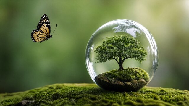 A glass orb containing a miniature tree and butterfly on a green background, representing ecological balance.