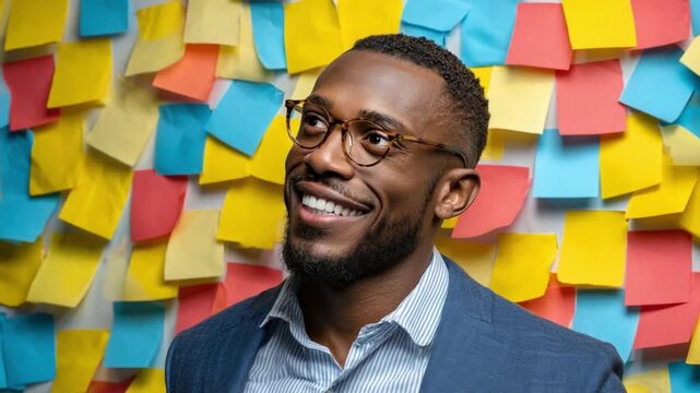 Brainstorming Brilliance: A man in a suit and glasses smiles thoughtfully against a backdrop of colorful sticky notes, symbolizing ideas, creativity, and planning.