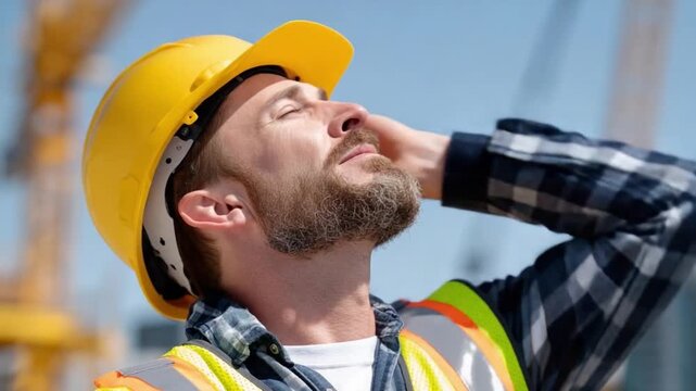 Construction Worker Seeking Shade: A construction worker in a yellow hard hat and safety vest wipes sweat from his brow under a hot sun on a construction site.