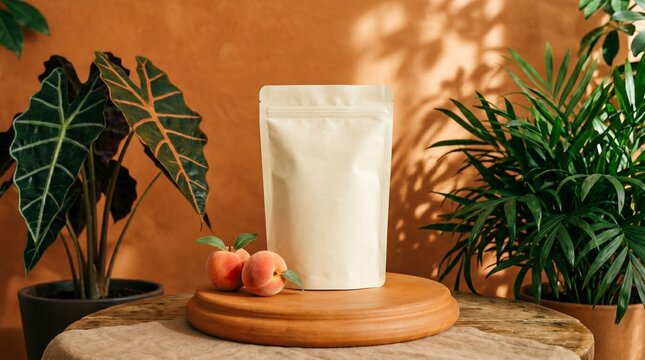 White Pouch Mockup with Peaches on Wooden Pedestal, Warm Sunlight and Greenery