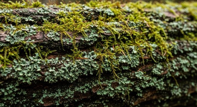 Close-up Macro View of Moss and Lichen Growing on Tree Bark.