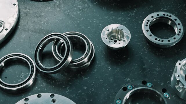 Close-up frames of precision-machined metal rings, flanges, and bearing housings on a dark workshop surface, emphasizing circular geometry, drilled patterns, and polished finishes