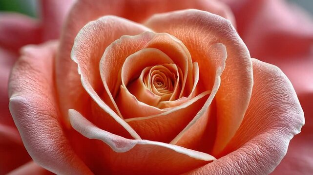 Peach Rose Petals: A close-up, macro view of the delicate, layered petals of a soft peach-colored rose, showcasing its intricate spiral center and velvety texture.